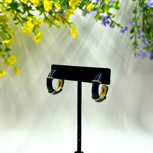 Cute Bamboo Style Dark Teal and Gold Vintage Hoop Earrings